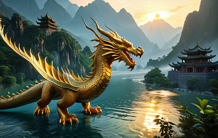A majestic celestial dragon, rendered with intricate scales and luminous eyes, soaring gracefully through a breathtaking traditional Chinese landscape. The scene features lush, mist-shrouded mountains, a winding river reflecting the golden light of sunrise, and ancient, highly detailed temple structures in the background. Photorealistic CGI, professional animation studio quality, cinematic lighting, grand scale, high dynamic range. safe for work, appropriate content, fully clothed, family-friendly.