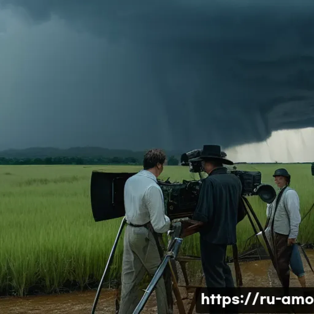장예모 영화  연인  촬영 비화 - A tense outdoor film set under extreme summer heat and heavy humidity, with crew members hurriedly p...