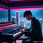 Home 19 홍콩 영화의 음악감독 추천작 - A cinematic scene set in a vibrant Hong Kong cityscape at night, featuring a young composer in a mod...