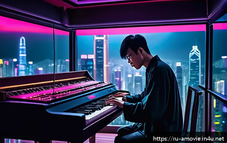 홍콩 영화의 음악감독 추천작 - A cinematic scene set in a vibrant Hong Kong cityscape at night, featuring a young composer in a mod...