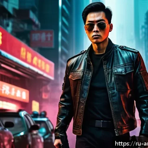 Home 17 홍콩영화 첩혈풍운 영화 포스터 분석 - A dynamic action movie poster set in a gritty Hong Kong urban nightscape, featuring a central male h...