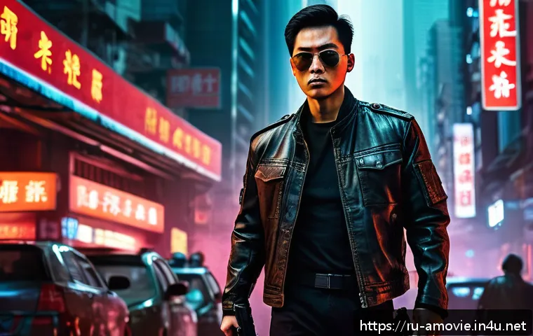 홍콩영화  첩혈풍운  영화 포스터 분석 - A dynamic action movie poster set in a gritty Hong Kong urban nightscape, featuring a central male h...