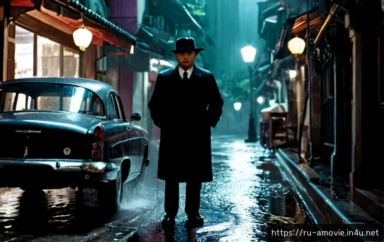 Home 17 홍콩 누아르 영화의 역사 - Photorealistic 1960s Hong Kong noir film set, a trench-coated detective standing beneath a rain-soak...
