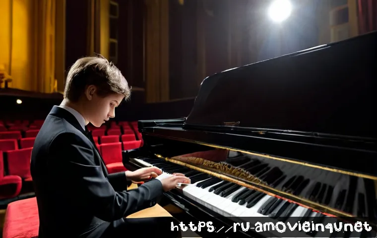 Home 17 일본영화 그랜드 피아노 음악적 요소 - Photorealistic cinematic concert hall in Moscow, elegant black grand piano under a single warm spotl...